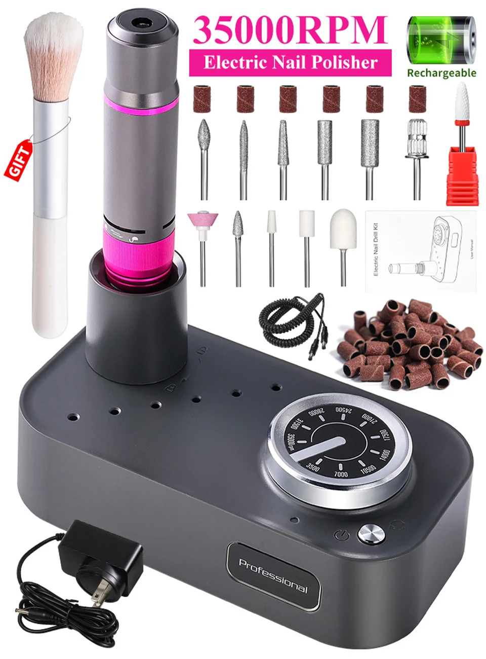 35000RPM Electric Nail Drill Machine - Portable Rechargeable E-File Manicure Set with Low Heat & Low Vibration 1 35000rpm electric nail drill portable manicure set spu906601108798 desc 1