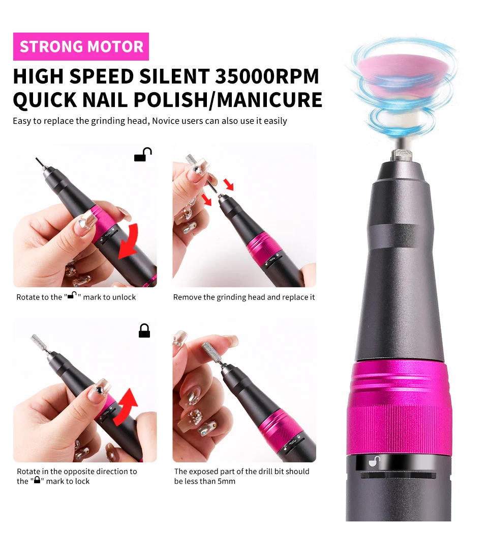 35000RPM Electric Nail Drill Machine - Portable Rechargeable E-File Manicure Set with Low Heat & Low Vibration 3 35000rpm electric nail drill portable manicure set spu906601108798 desc 3