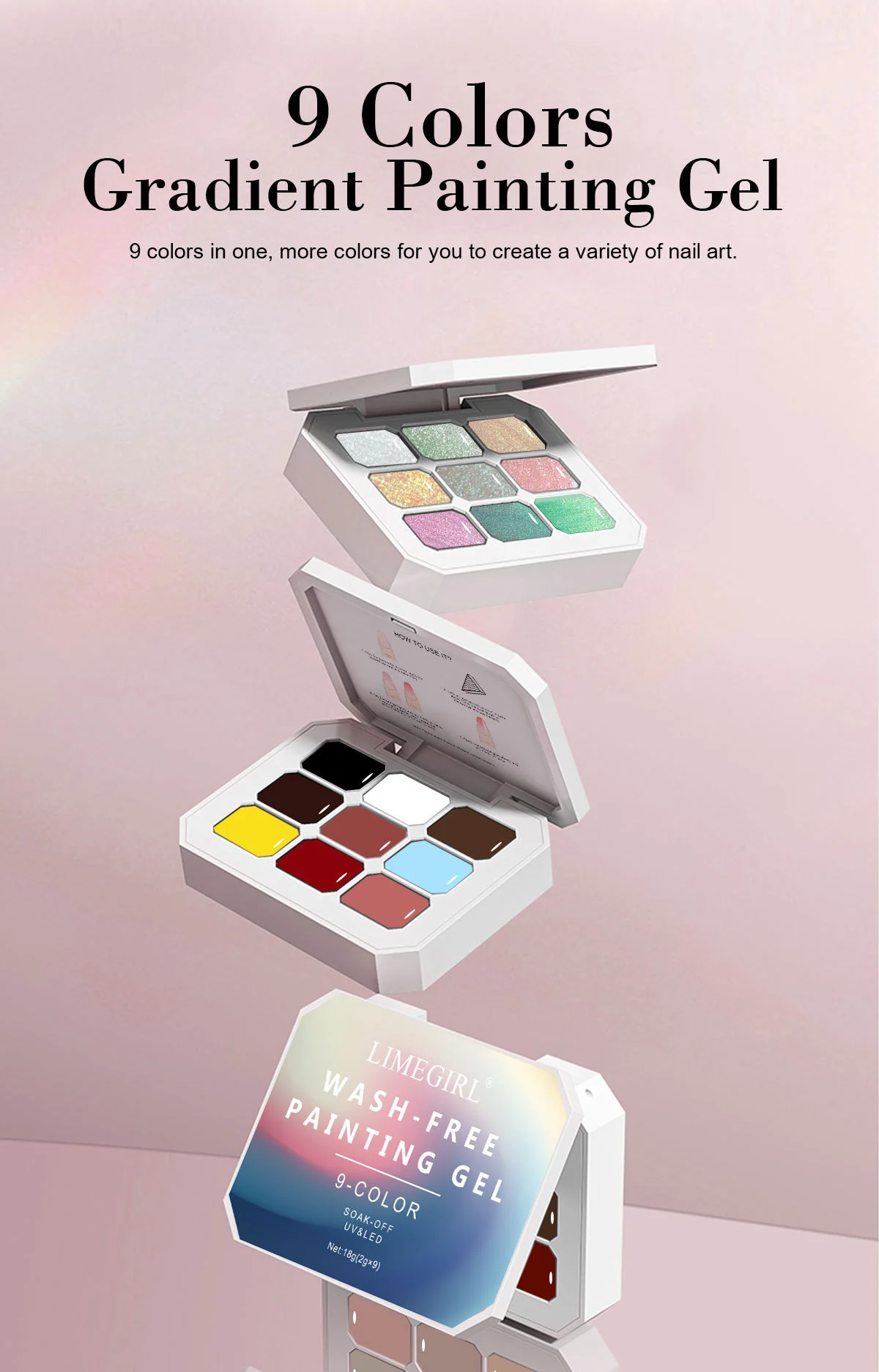9-Color Gradient Painting Gel Palette for Ombre Nail Art Limegirl Wash-Free Satin Finish UV/LED Soak Off Polish 1 9 color gradient painting gel palette spu1010384266694 desc 1