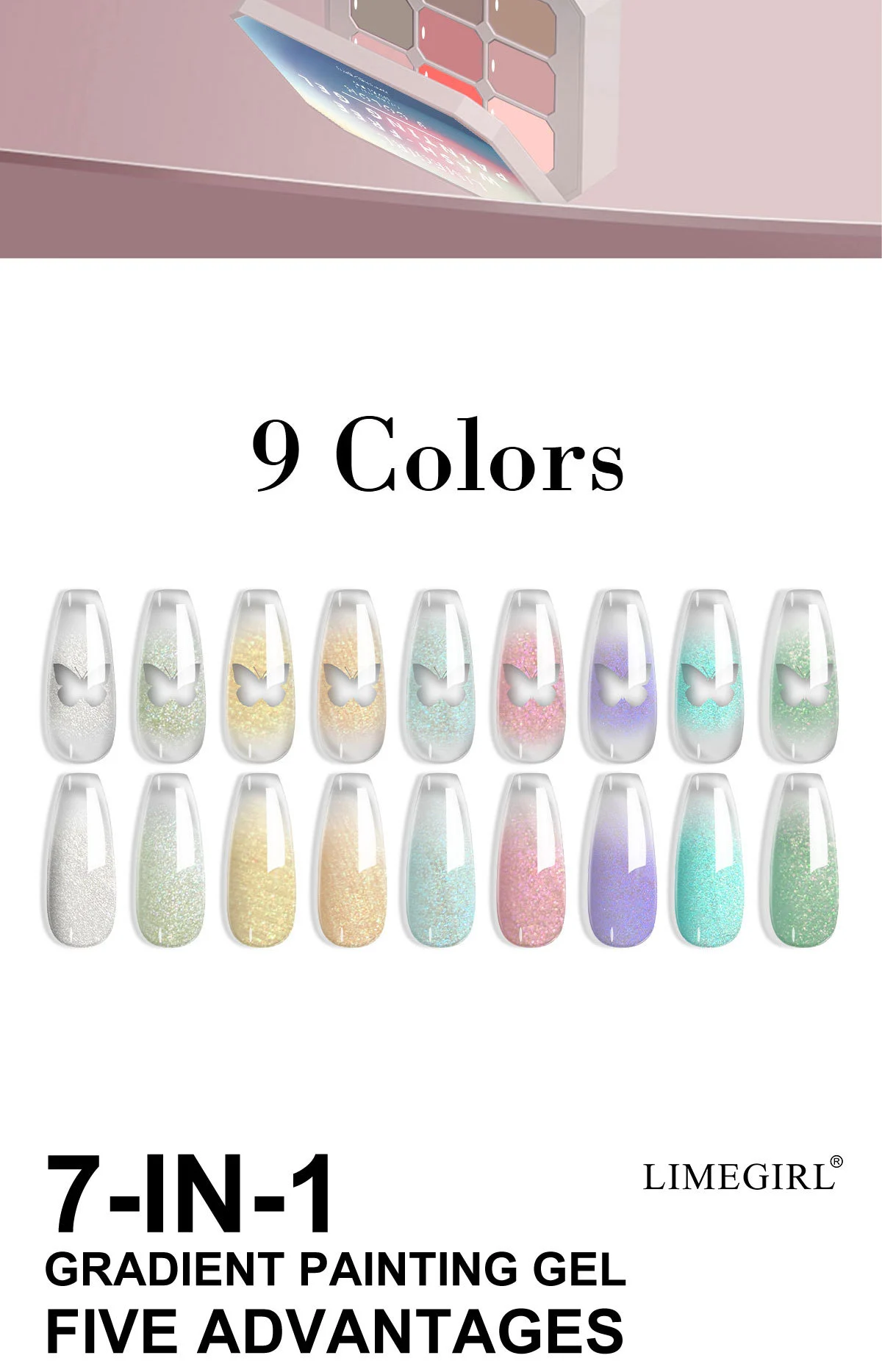 9-Color Gradient Painting Gel Palette for Ombre Nail Art Limegirl Wash-Free Satin Finish UV/LED Soak Off Polish 2 9 color gradient painting gel palette spu1010384266694 desc 2