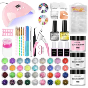 Acrylic Nail Kit Professional Extension Set with 3 Colors Powder, UV LED Nail Lamp, and Glitter Tips - All-in-One Manicure Starter Kit