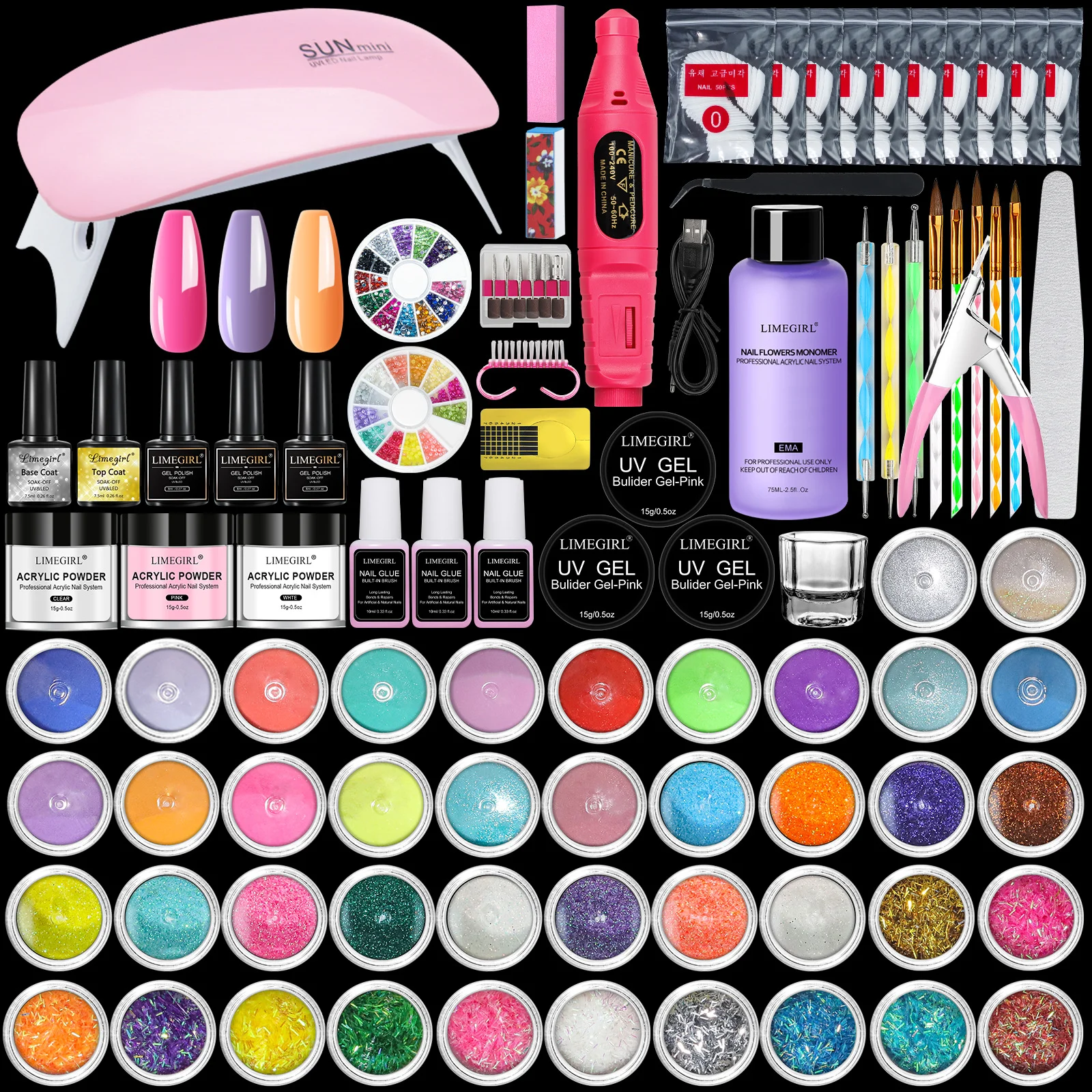 Acrylic Nail Kit with UV LED Lamp Professional Manicure Set for Beginners and Nail Extensions - Limegirl ZH516 Edition