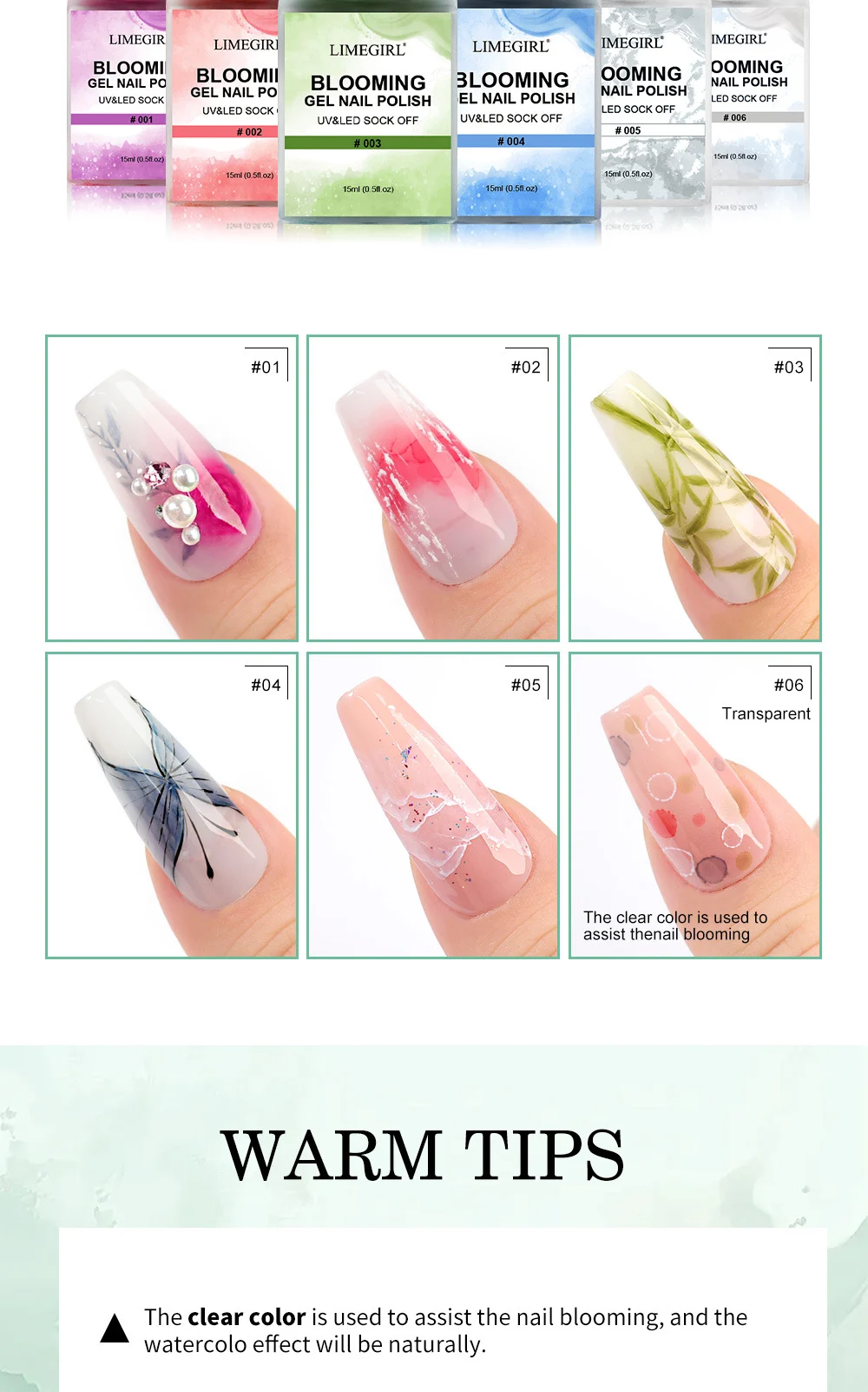 Blooming Gel Nail Polish for Marble Effect Limegirl 6-Color Japanese Gradient Watercolor Liquid 3 blooming gel nail polish marble effect spu797930123289 desc 3