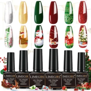 Christmas Gel Nail Polish Set, Limegirl 6 Colors Soak Off UV LED Nail Art Kit