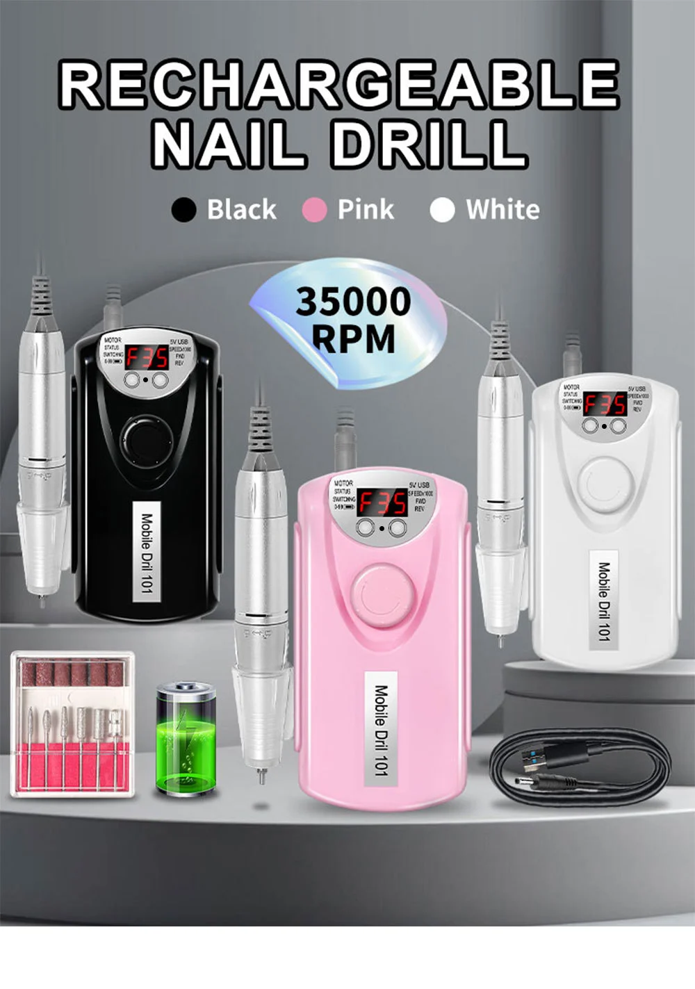 Electric Nail Drill 35000 RPM Rechargeable Portable Manicure Polisher with LED Display 4 electric nail drill 35000rpm rechargeable spu993775822661 desc 4