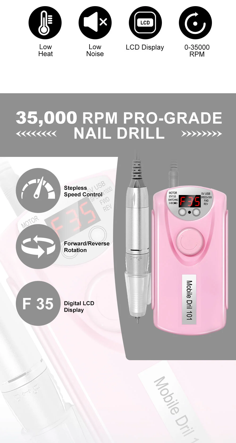 Electric Nail Drill 35000 RPM Rechargeable Portable Manicure Polisher with LED Display 5 electric nail drill 35000rpm rechargeable spu993775822661 desc 5