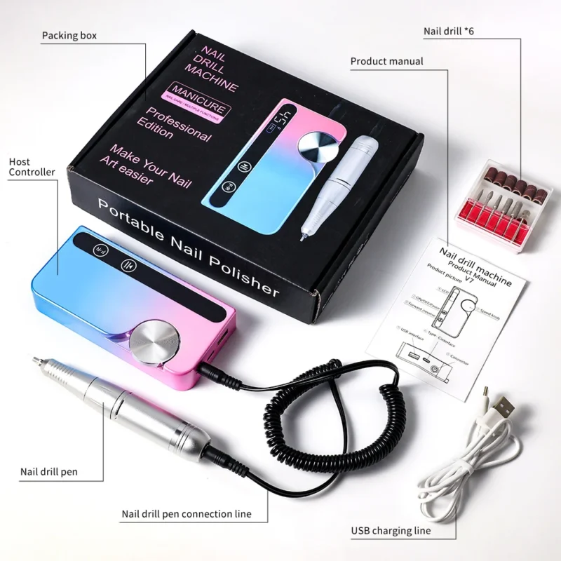 Electric Nail Drill 45000RPM Professional E-File Kit, Portable Rechargeable Manicure Machine with 3000mAh Battery