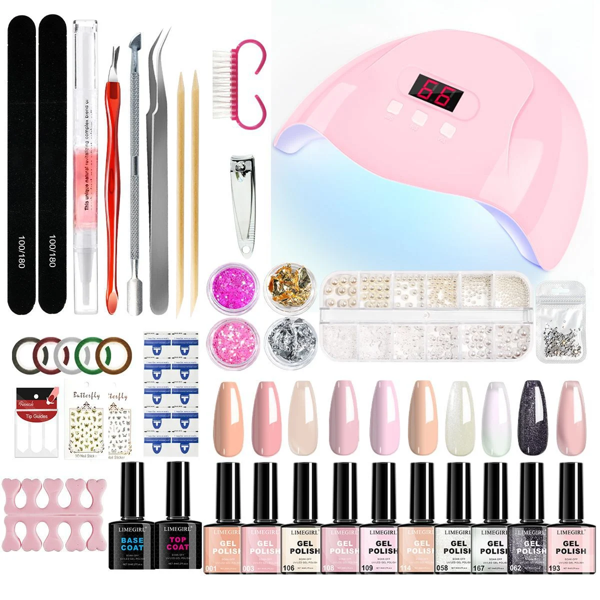 Gel Nail Polish Kit with UV LED Lamp - Limegirl All-in-One Manicure Starter Set with Base Top Coat, Glitters, Stickers & Nail Art Tools 1 gel nail polish kit uv led lamp set spu1016093692513 desc 1