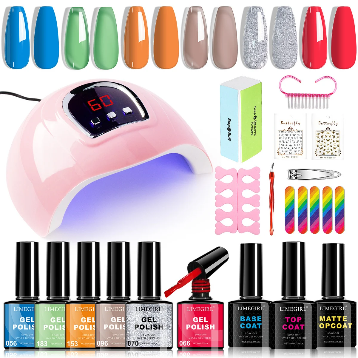 Gel Nail Polish Kit with UV Light, Limegirl 6 Colors Professional Manicure Starter Set with Base Top Coat and Full Nail Tools 6 gel nail polish kit with uv light spu998782471073 desc 6