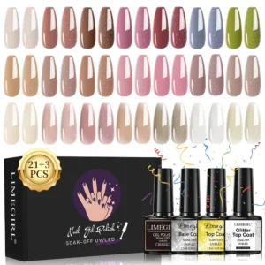 Gel Nail Polish Set 24 Colors Soak Off UV LED Kit with Base Top & Glitter Coat