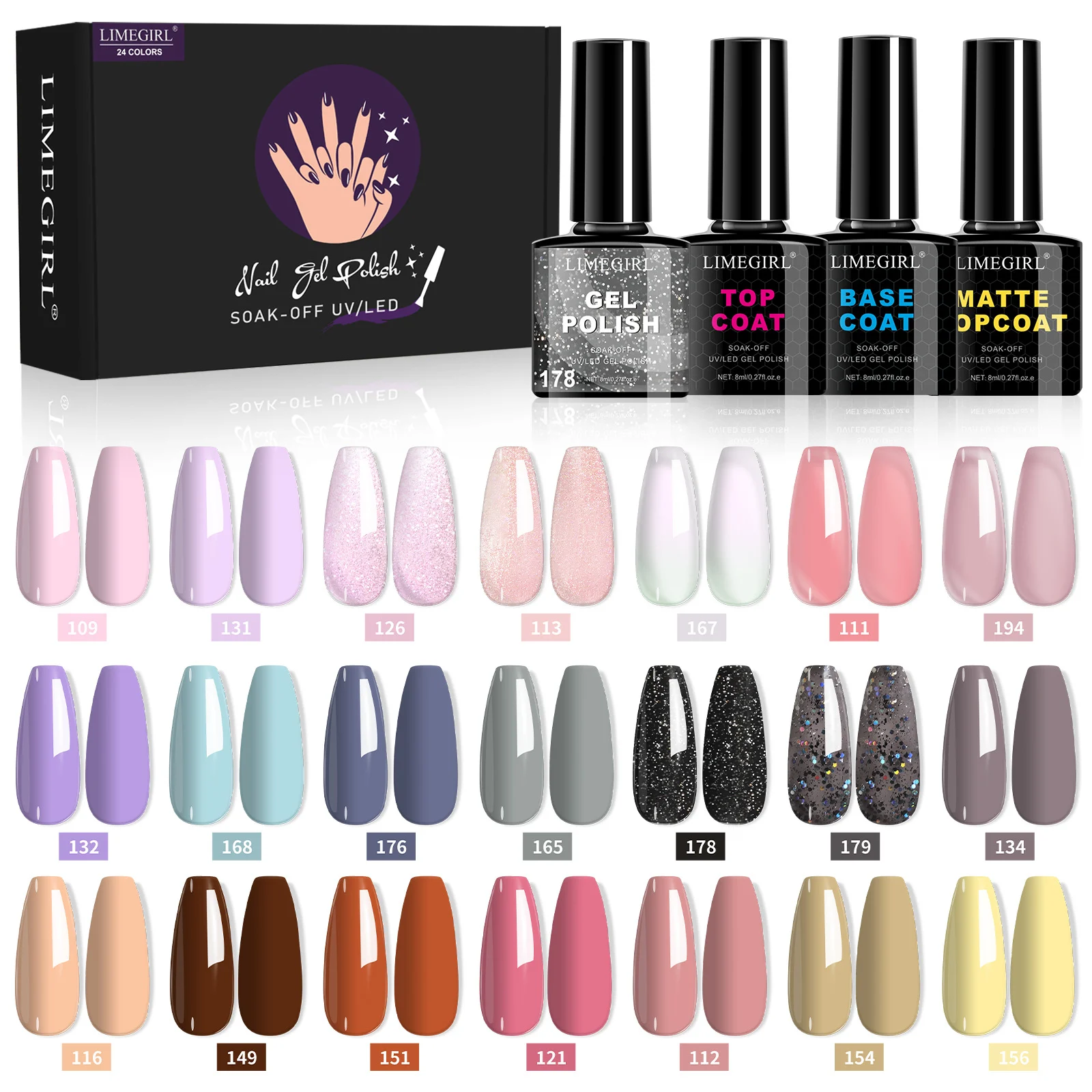 Gel Nail Polish Set Limegirl 24 Colors UV LED Soak Off Professional Manicure Kit with Base and Top Coat 1 gel nail polish set limegirl 24 colors spu999537809136 desc 1