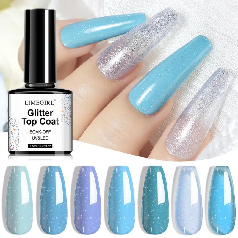 Glitter Top Coat Gel Nail Polish for Sparkle Finish UV LED Soak Off No Wipe Matte and Glossy Varnish 7.5ml/8ml/10ml