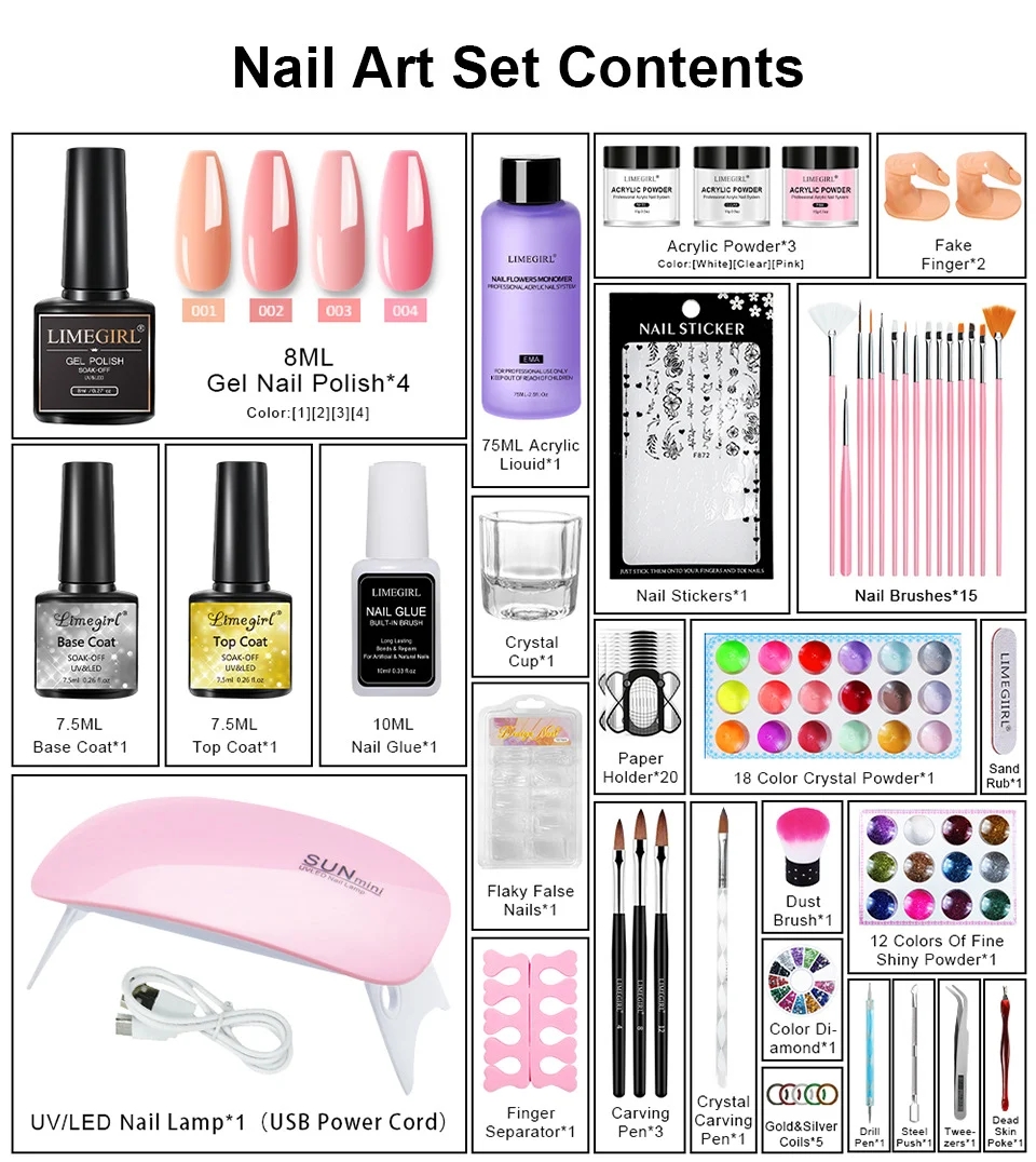 Limegirl Acrylic Nail Kit All-in-One Manicure Set with UV/LED Lamp, 3 Colors Crystal Powder, 4 Gel Polishes & Professional Nail Art Tools 2 limegirl acrylic nail kit manicure set spu748992361836 desc 2