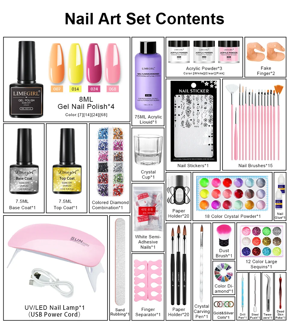Limegirl All-in-One Nail Art Kit - Professional Acrylic Powder & Gel Polish Set with UV/LED Lamp for Beginners 2 limegirl all in one nail art kit acrylic powder gel set spu749156383742 desc 2