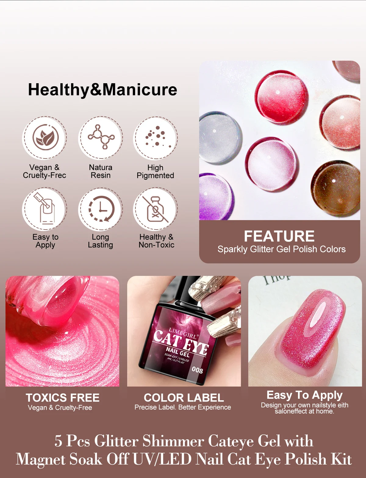 Cat Eye Gel Nail Polish LIMEGIRL 8ml Gold Spar Super Bright Glitter Soak Off UV/LED Ice Transparent Crushed Diamond Nail Art Gel 2 limegirl cat eye gel nail polish gold spar spu979349452370 desc 2