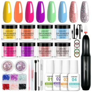 Dip Powder Nail Kit with Electric Drill - Limegirl 8 Colors Acrylic Dipping System - No UV Lamp Needed Starter Set with Base Top Coat & Activator