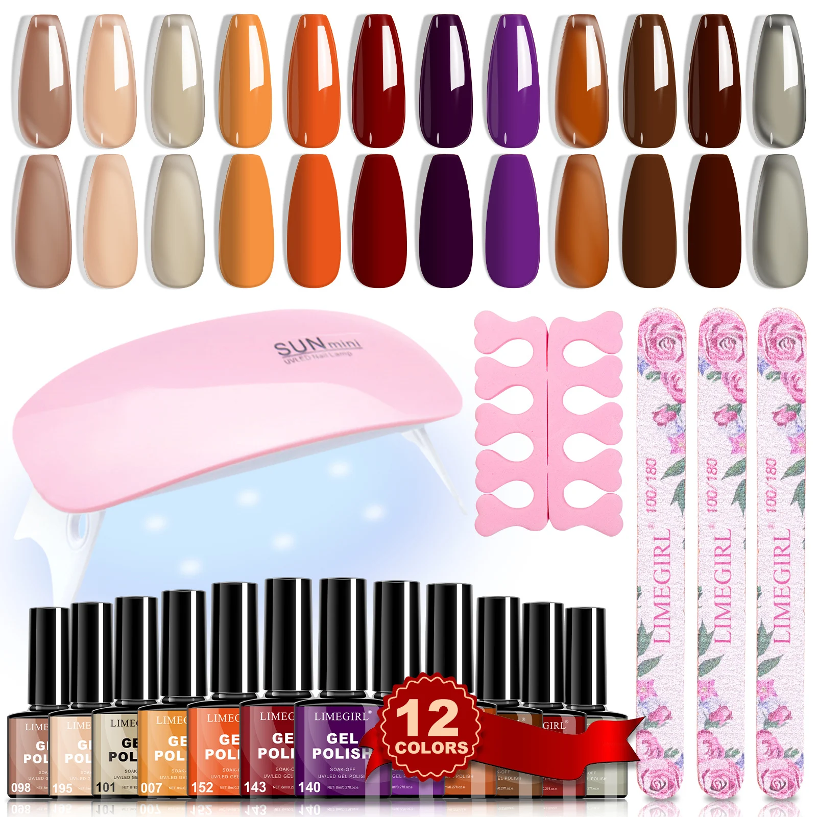 Limegirl Gel Nail Polish Kit with UV LED Lamp - 12 Colors Soak Off Starter Set - Long Lasting DIY Manicure Tools 2 limegirl gel nail polish kit 12 colors uv lamp spu912522460237 desc 2