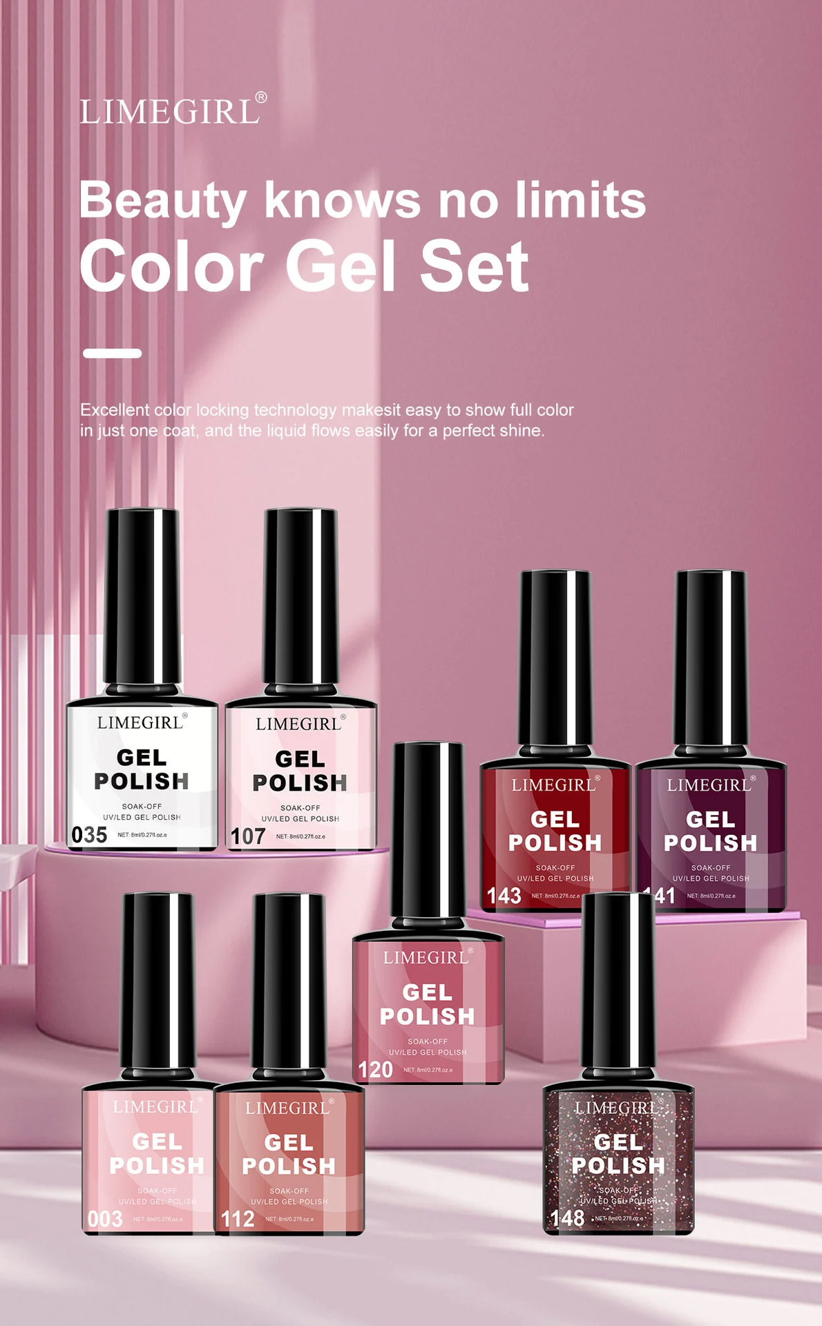 Gel Nail Polish Kit 8 Colors UV LED Soak Off Manicure Set with Base and Top Coat 1 limegirl gel nail polish kit 8 colors spu854502042122 desc 1