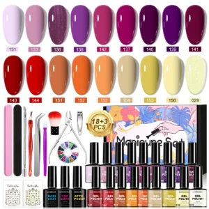 Limegirl Gel Nail Polish Kit 21pcs Set - 18 Purple Warm Brown Colors with Base Top Matte Coat & Manicure Tools