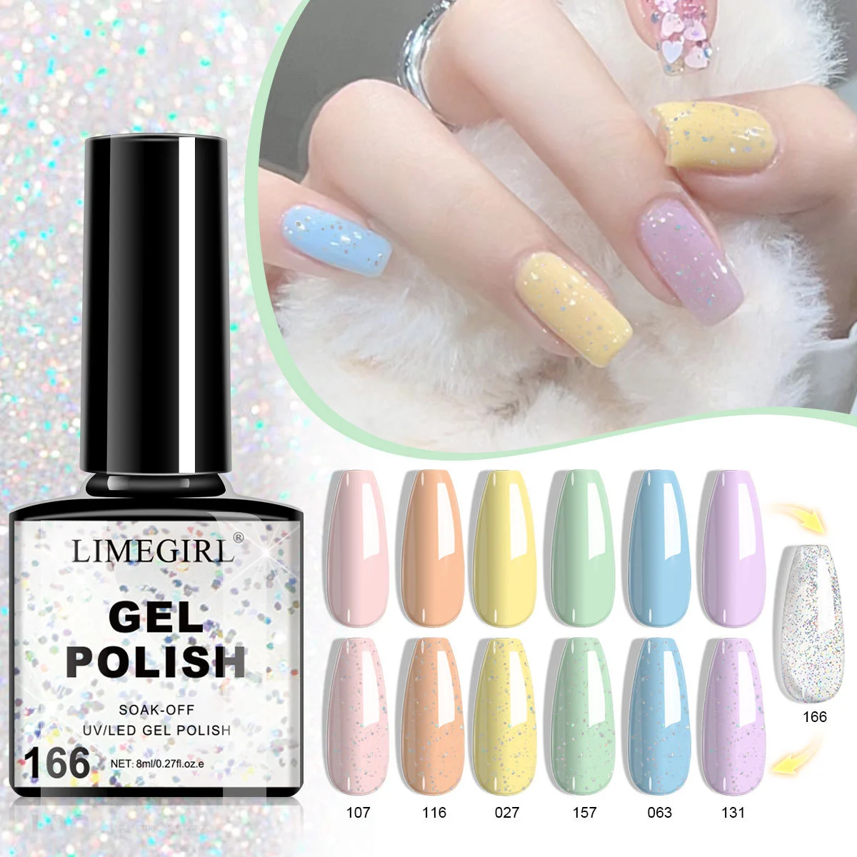 Limegirl Gel Nail Polish UV LED Soak Off - Classic Nude Glitter & Pink Series Professional Nail Art Lacquer (8ml) 2 limegirl gel nail polish nude glitter series spu936824174501 desc 2