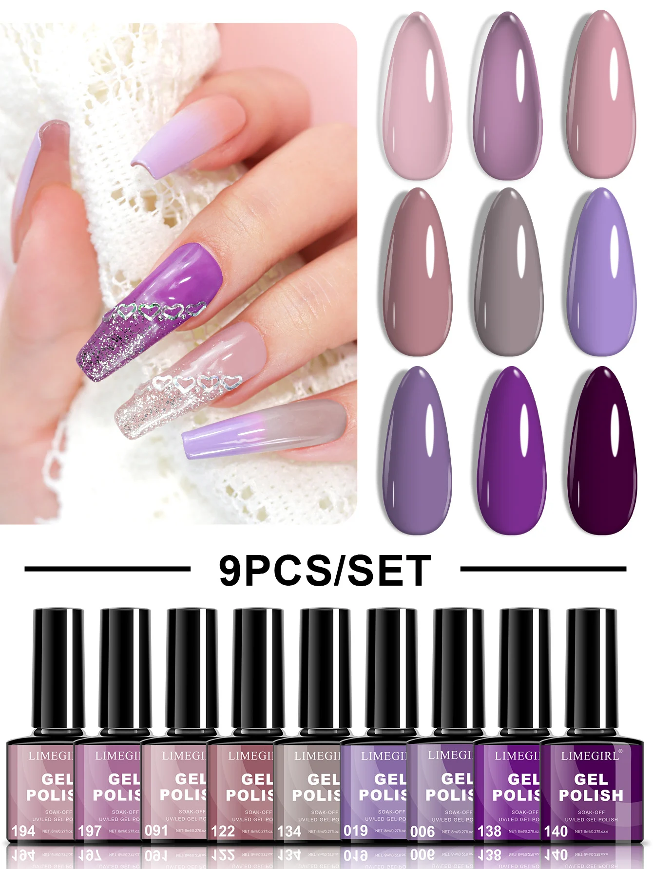 Limegirl Gel Nail Polish Set 9 Colors Soak Off UV LED Kit Long Lasting Varnish Manicure Art Box 8ml 2 limegirl gel nail polish set 9 colors spu999049063348 desc 2