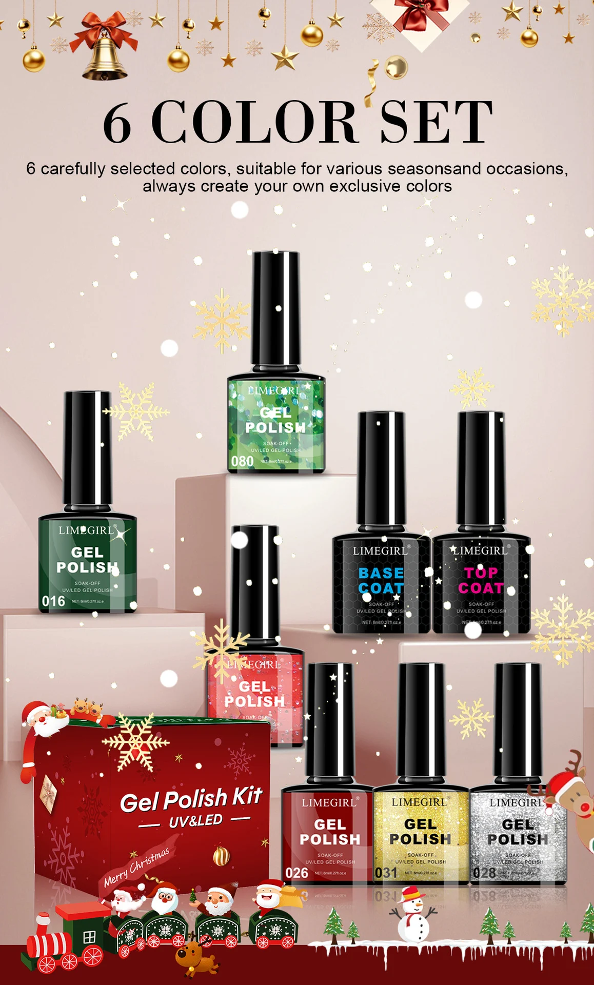 LIMEGIRL Gel Nail Polish Set - 6 Colors Christmas & Cat Eye Soak Off UV LED Nail Art Kit (8ml) 10 limegirl gel nail polish set cat eye christmas soak off spu970292153263 desc 10