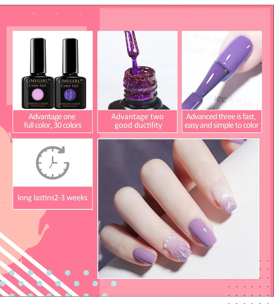 LIMEGIRL Gel Nail Polish - UV LED Soak Off Nail Art Varnish 7ml Glass Bottle - High Pigment Salon Manicure Color 2 limegirl gel nail polish uv led soak off glass bottle spu997886105383 desc 2