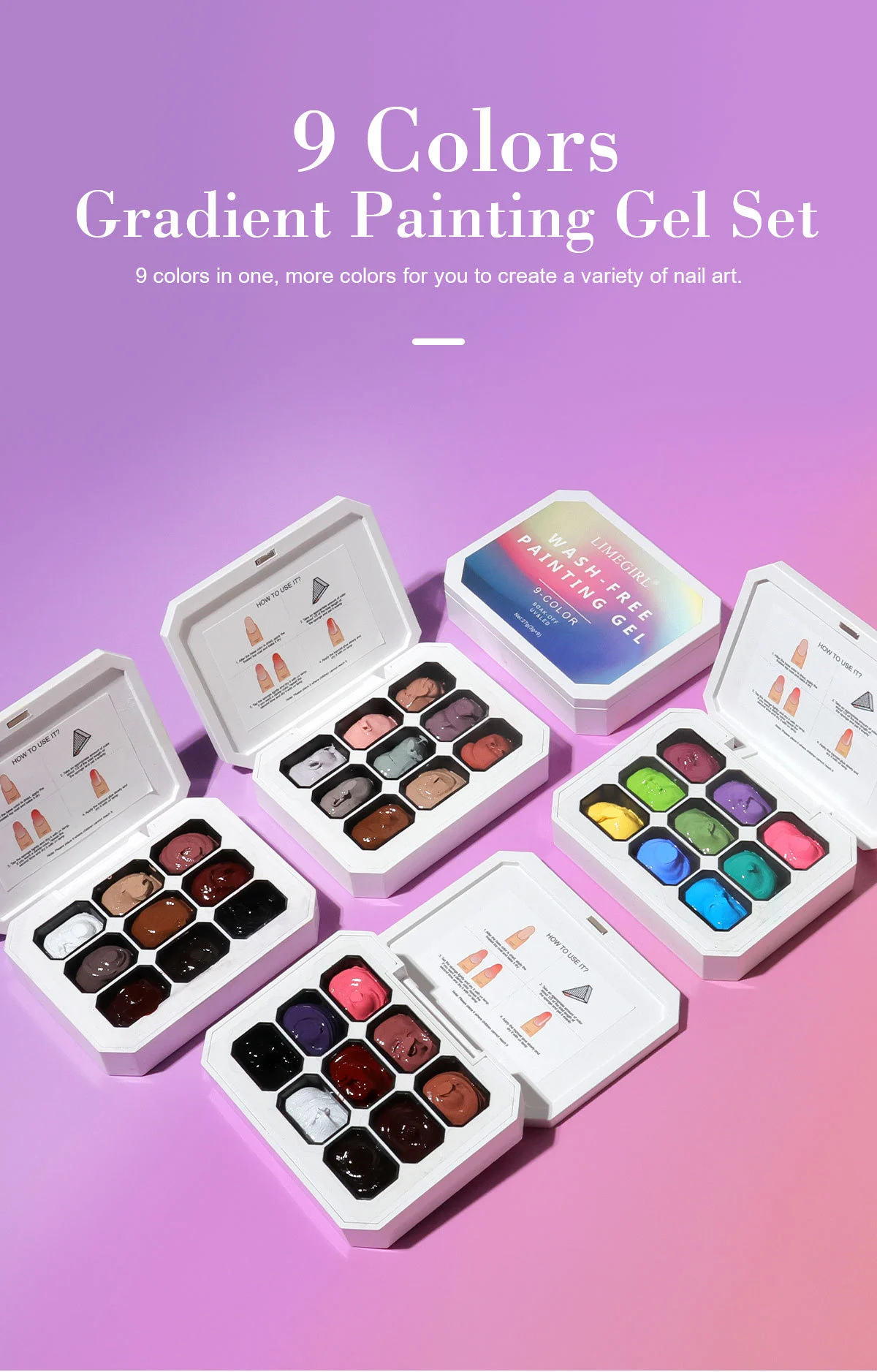 Gradient Painting Gel Set 9-Color Solid Nail Art Palette for Ombre and Aura Nails 1 limegirl gradient painting gel set spu920952868002 desc 1