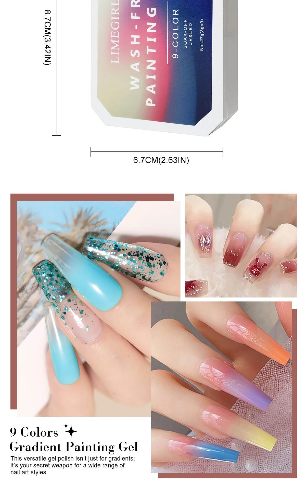Gradient Painting Gel Set 9-Color Solid Nail Art Palette for Ombre and Aura Nails 10 limegirl gradient painting gel set spu920952868002 desc 10