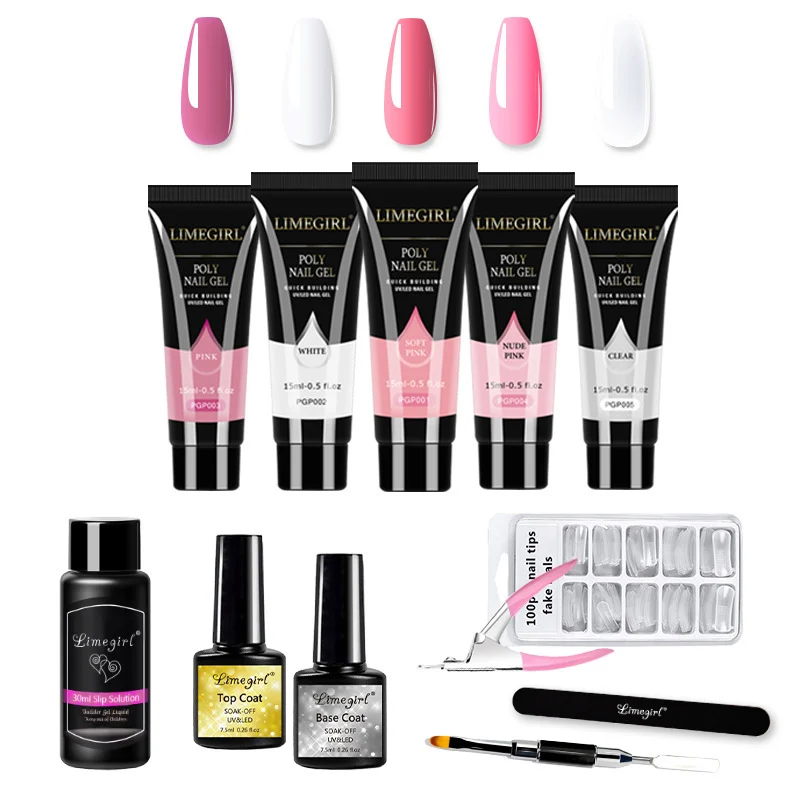 Poly Nail Gel Kit Limegirl 5-Color Extension Set with Brush, Nail Tips, Slip Solution, and Base/Top Coat 1 limegirl poly nail gel kit extension set spu693414660938 desc 1