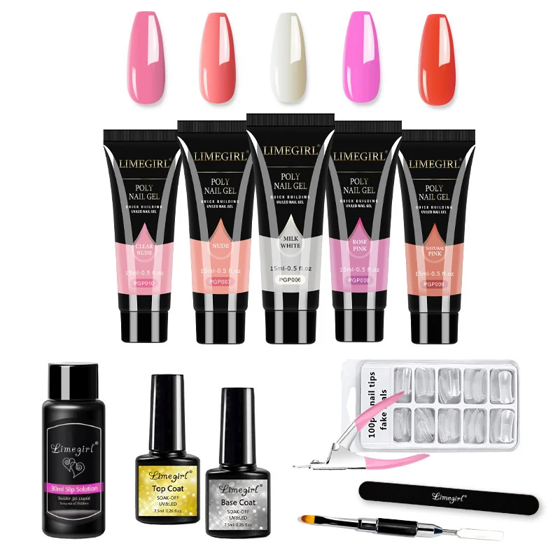 Poly Nail Gel Kit Limegirl 5-Color Extension Set with Brush, Nail Tips, Slip Solution, and Base/Top Coat 2 limegirl poly nail gel kit extension set spu693414660938 desc 2