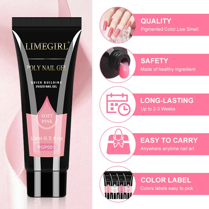 Poly Nail Gel Kit Limegirl 5-Color Extension Set with Brush, Nail Tips, Slip Solution, and Base/Top Coat 5 limegirl poly nail gel kit extension set spu693414660938 desc 5