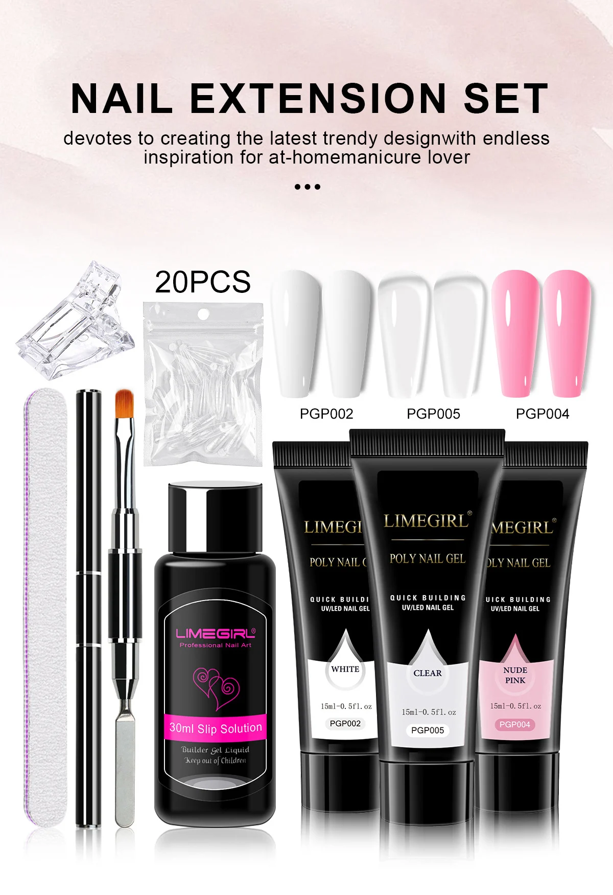 Poly Nail Gel Kit 3 Colors Nail Extension Set UV LED Builder Gel with Slip Solution Professional Manicure Tools 1 limegirl poly nail gel kit extension set spu998881548727 desc 1