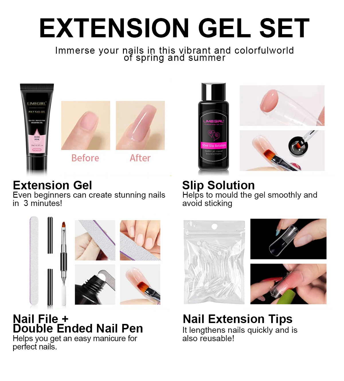 Poly Nail Gel Kit 3 Colors Nail Extension Set UV LED Builder Gel with Slip Solution Professional Manicure Tools 3 limegirl poly nail gel kit extension set spu998881548727 desc 3