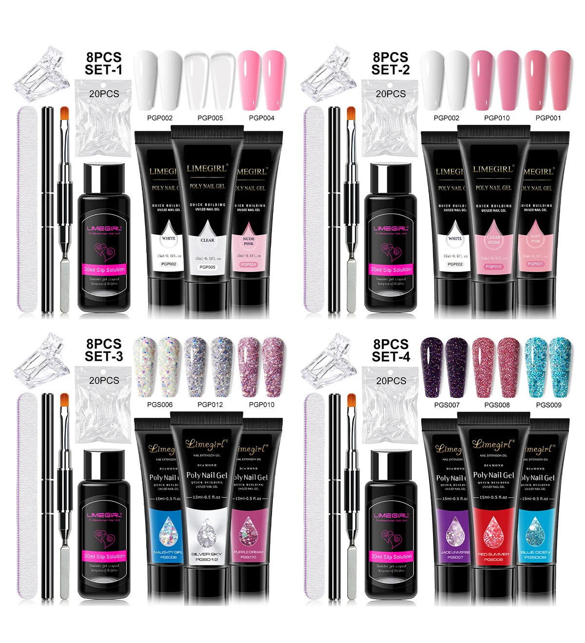 Poly Nail Gel Kit 3 Colors Nail Extension Set UV LED Builder Gel with Slip Solution Professional Manicure Tools 5 limegirl poly nail gel kit extension set spu998881548727 desc 5