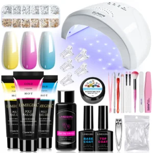 Poly Nail Gel Kit with UV Lamp - Limegirl 3-Color Temperature Changing Extension Gel Set, All-in-One Manicure Tools, Slip Solution & Dual Forms for Beginners