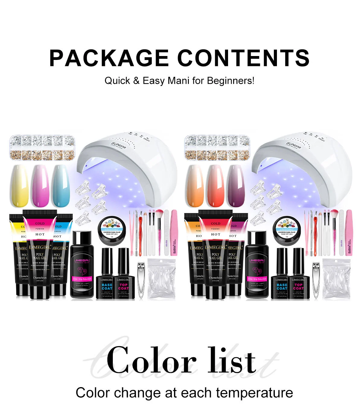Poly Nail Gel Kit with UV Lamp - Limegirl 3-Color Temperature Changing Extension Gel Set, All-in-One Manicure Tools, Slip Solution & Dual Forms for Beginners 2 limegirl poly nail gel kit temperature changing set spu1014936372510 desc 2