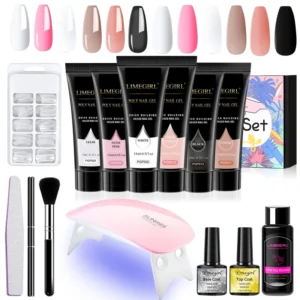 Limegirl Poly Nail Gel Kit - All-in-One Nail Extension Starter Set with UV LED Lamp, Slip Solution, Base & Top Coat