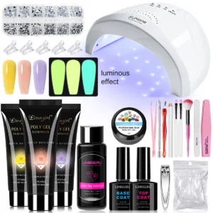 Luminous Poly Nail Gel Kit with UV Lamp Professional 3-Color Extension Gel Set for Glow-in-the-Dark Nail Art