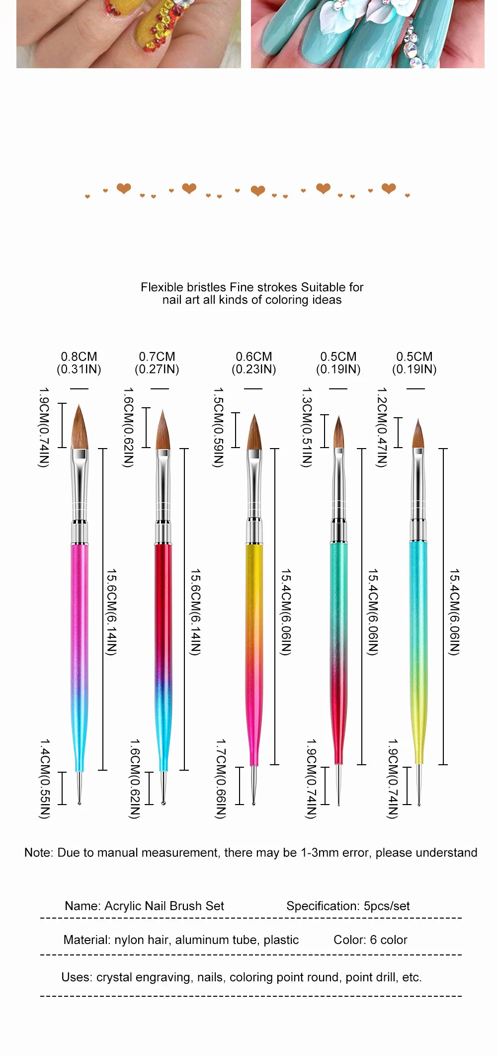 Nail Art Brush Set 5Pcs Dual-Ended Liner & Dotting Tools for Acrylic Painting and Detailing 6 nail art brush set dual ended 5pcs spu827555817651 desc 6