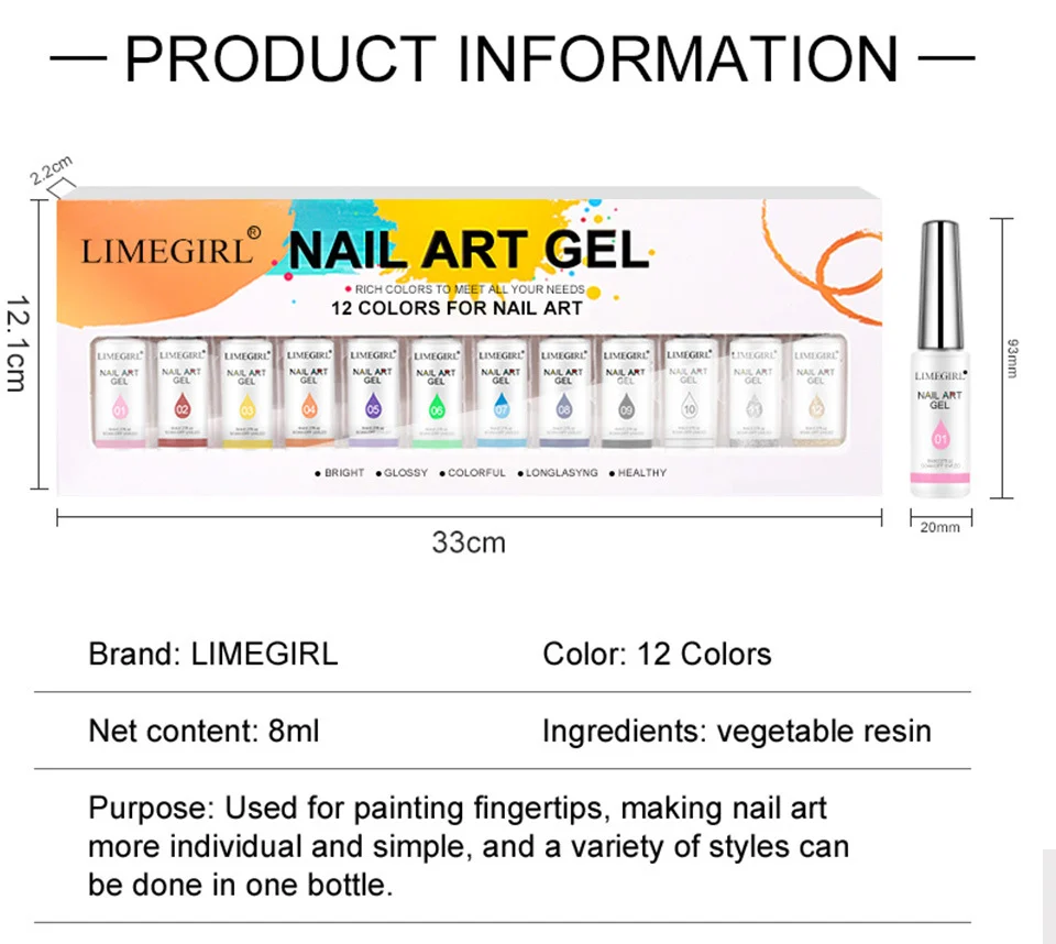 Nail Art Gel Liner Set Limegirl 12 Colors High Saturation Painting Spider Gel for DIY Manicure Designs 6 nail art gel liner set limegirl spu1011151379192 desc 6