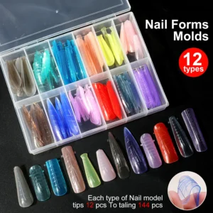 Nail Extension Forms Set 144pcs Reusable Dual Molds with Press-on Nail Remover and Glue Kit
