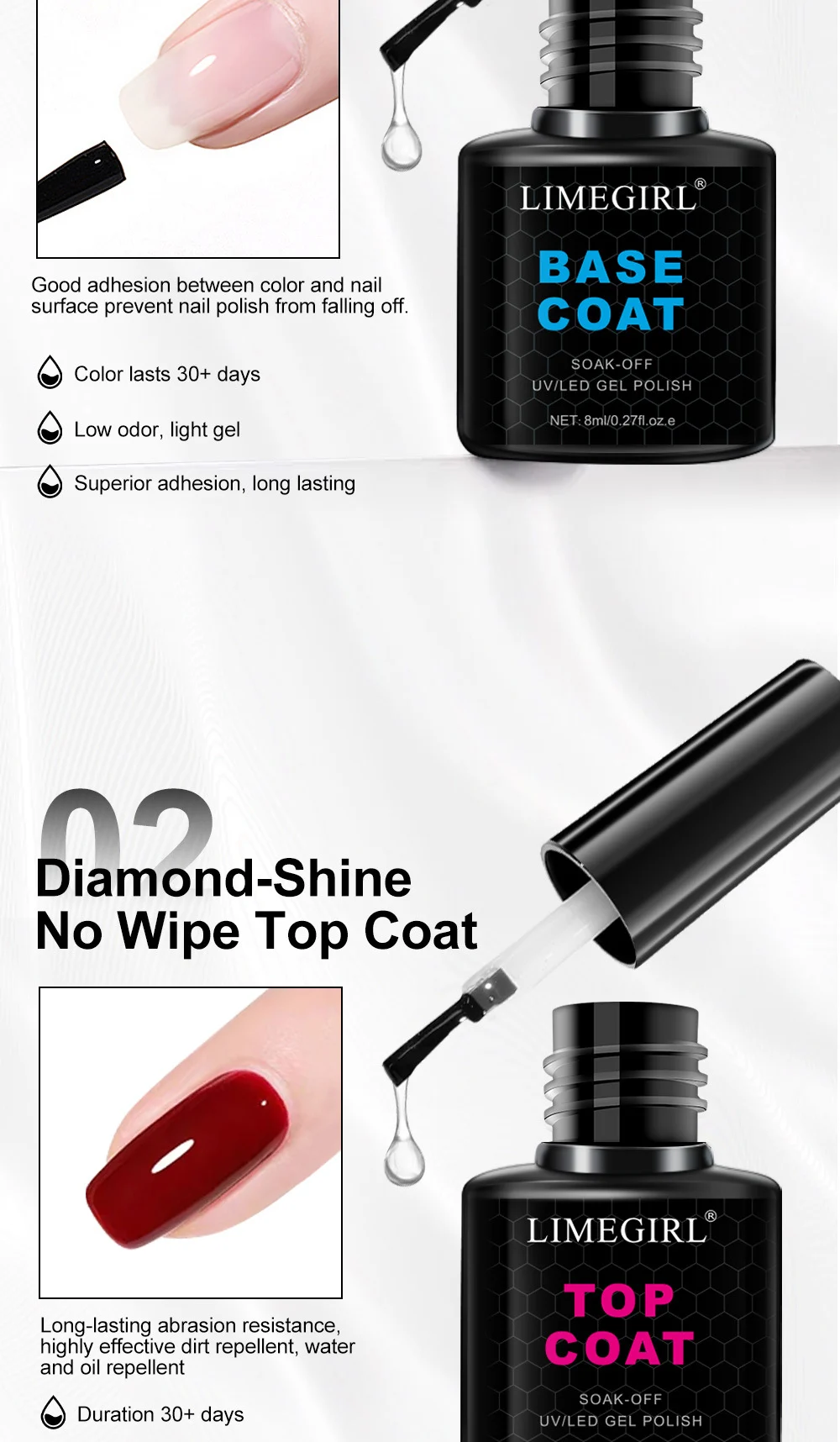 Nail Functional Gel Base and Top Coat Set Limegirl Long Lasting Soak Off UV LED Gel 8ml 6 nail functional gel base top coat spu831073745490 desc 6