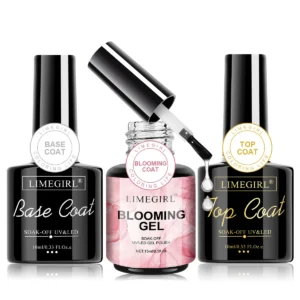 Nail Gel Polish Set Limegirl 3pcs Professional Base Top Coat and Blooming Gel Kit for Manicure