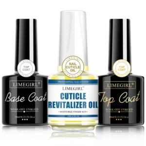 Nail Gel Polish Set Professional Base Coat Top Coat and Cuticle Oil 3-Piece Kit - High-End Glass Bottle Design