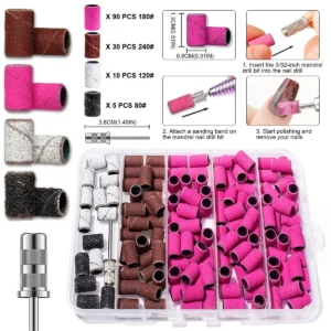Nail Sanding Bands Set Electric Drill Grinding Heads 80-240 Grit for Manicure Pedicure Gel Removal & Polishing