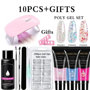 Poly Extension Gel Nail Kit Limegirl Professional Starter Set with SUNmini UV LED Lamp and 100pcs Nail Tips