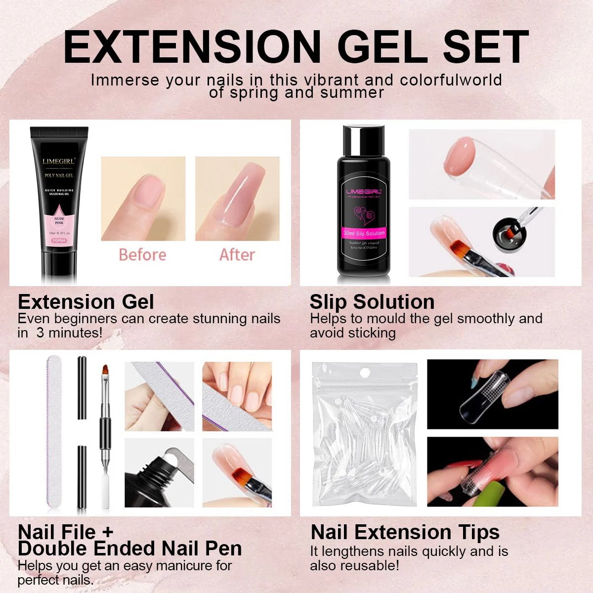 Poly Nail Gel Kit Limegirl Extension Gel Set with UV LED Lamp and Professional Manicure Tools 4 poly nail gel extension kit spu1002747802016 desc 4