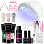 Poly Nail Gel Kit with UV LED Lamp - 3 Colors Glitter Extension Gel Nail Starter Set with Slip Solution and Professional Manicure Tools