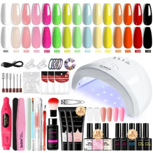 Poly Nail Gel Kit Professional Manicure Set with UV LED Lamp, 18 Color Gels, 15 Polishes, and Nail Drill for Extensions